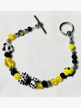 Artisan Lampwork Glass Bead Bracelet Silvertone Toggle Clasp Black/Yellow 8”